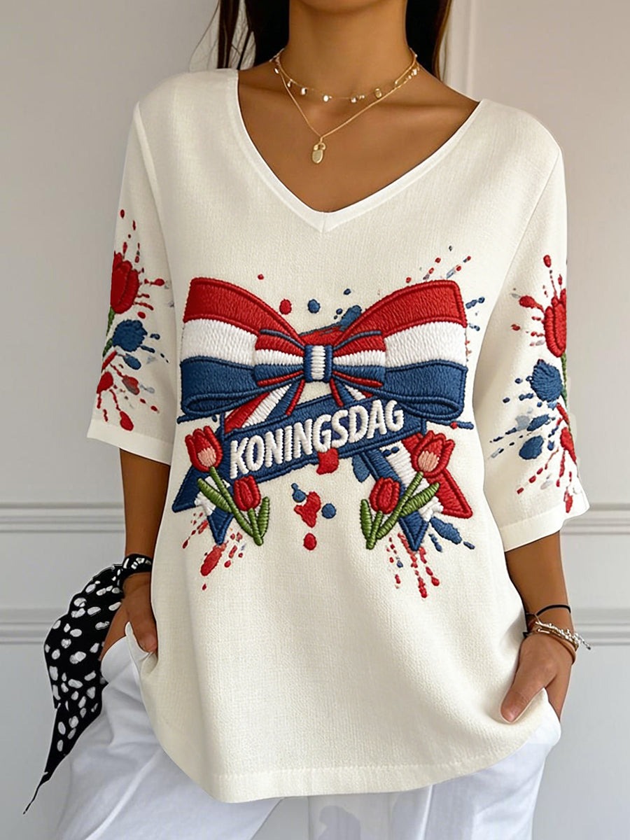 Dames T-shirt met tulp- en strikprint in Koningsdag-stijl, casual, V-hals