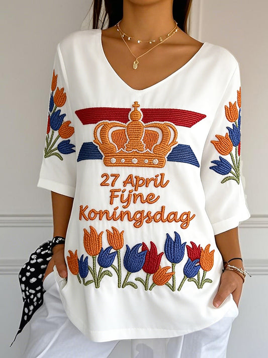 Dames witte Koningsdag-tulpenprint casual top met V-hals