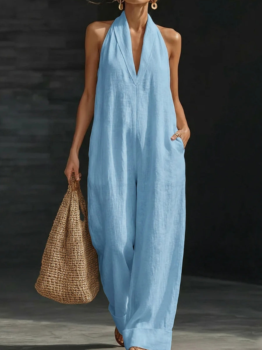Dames effen katoenen linnen mouwloze jumpsuit