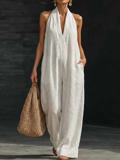 Dames effen katoenen linnen mouwloze jumpsuit