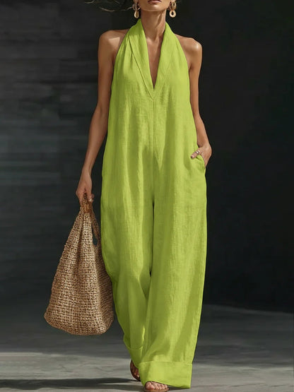 Dames effen katoenen linnen mouwloze jumpsuit