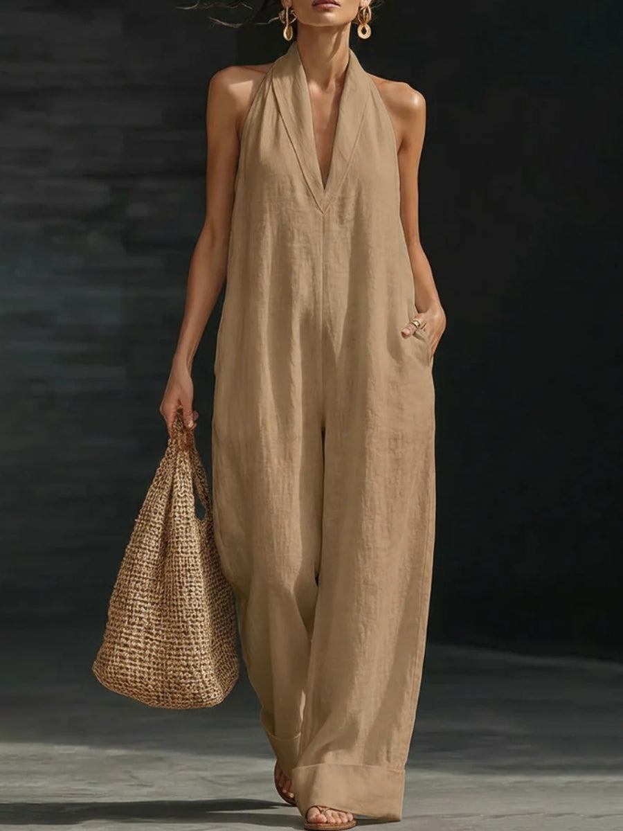 Dames effen katoenen linnen mouwloze jumpsuit