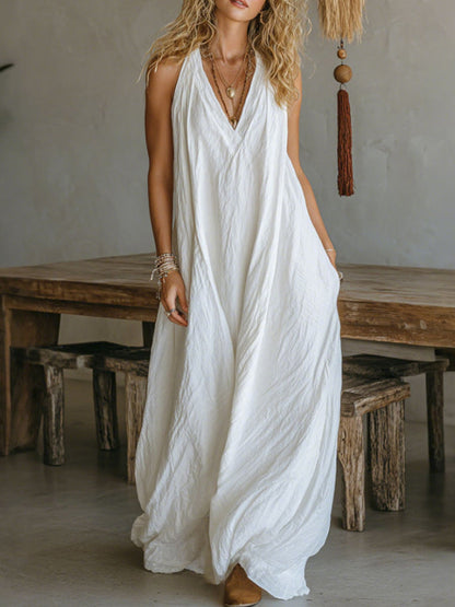 Dames katoenen linnen mouwloze jurk met losse zak