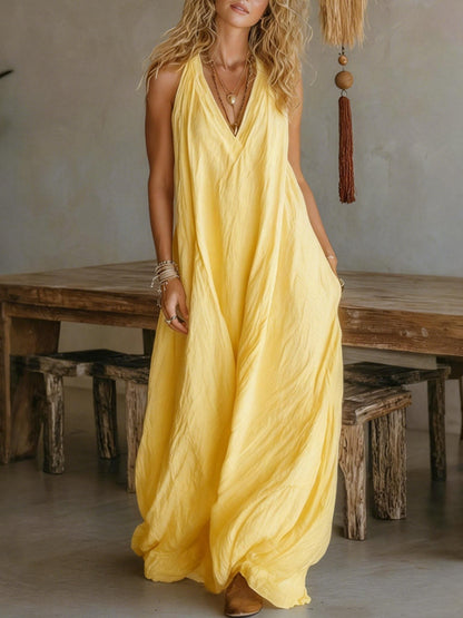 Dames katoenen linnen mouwloze jurk met losse zak