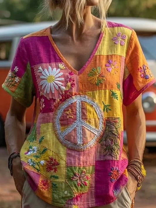 Dames vintage hippie peace madeliefje bloemen patchwork print linnen t-shirt