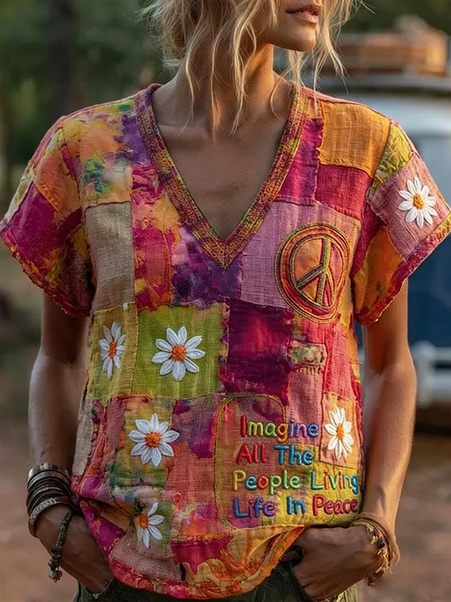 Dames Vintage Hippie Peace Daisy Floral Patchwork Print Linnen T-shirt