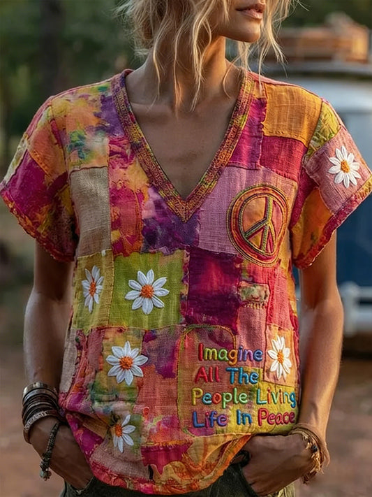 Dames Vintage Hippie Peace Daisy Floral Patchwork Print Linnen T-shirt