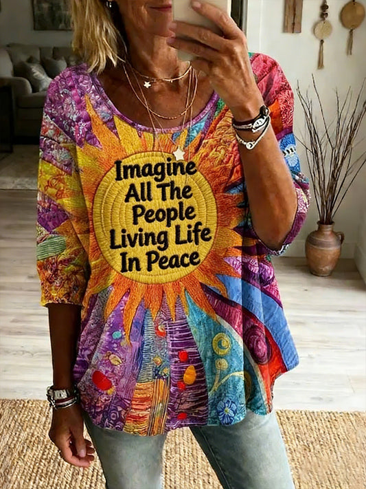 Dames Vintage Hippie Peace Patchwork Print Linnen T-shirt