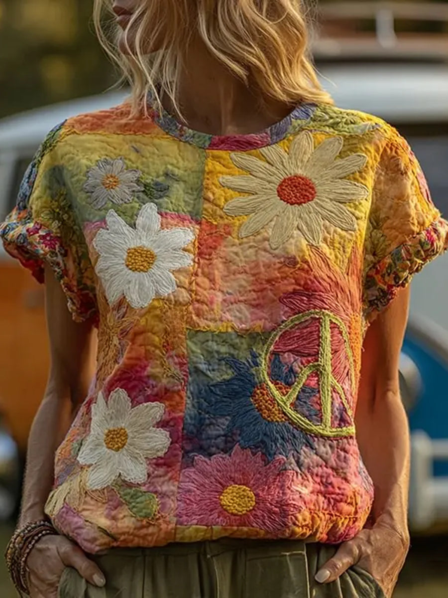 Dames vintage hippie peace madeliefje bloemen patchwork print linnen t-shirt