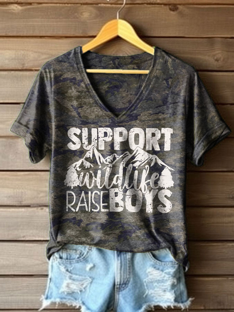 Vrouwen Grappige Moederdag Ondersteuning Wildlife Raise Boys Gedrukt T-shirt