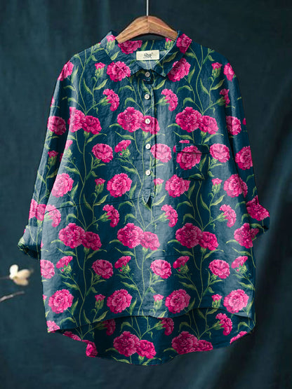 Damesshirt met bloemen en anjers, bedrukt, voor Moederdag