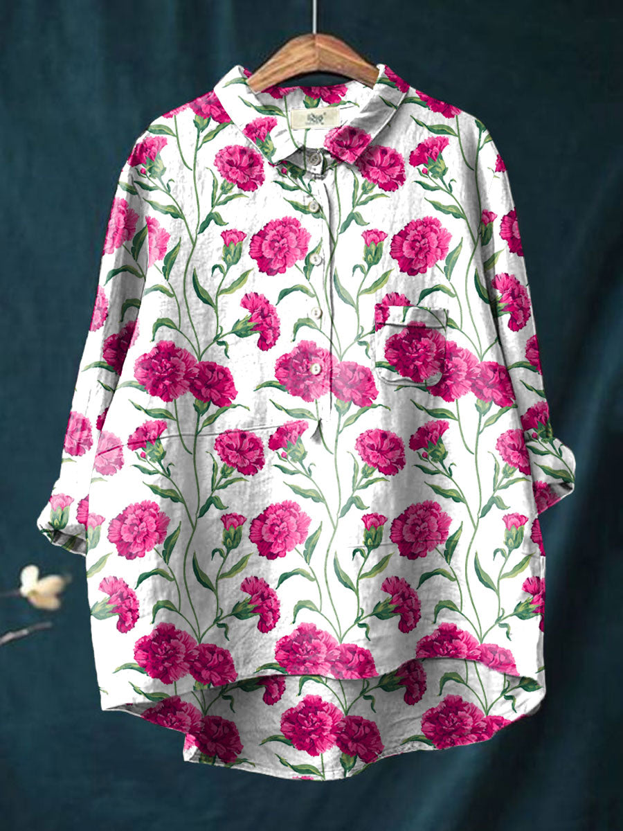 Damesshirt met bloemen en anjers, bedrukt, voor Moederdag