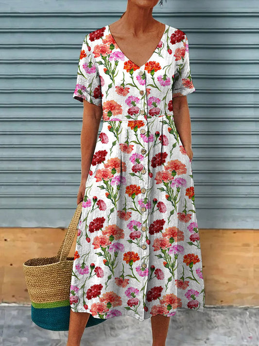 Dames anjers print jurk met V-hals