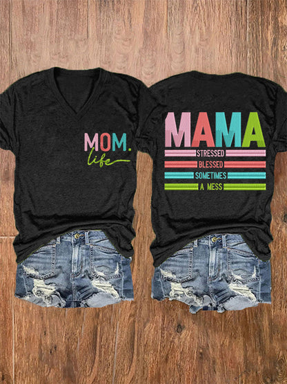 Vrouwen Mama Gestrest Gezegend Soms Een Mess Moederdag Gift Casual V-hals Tee