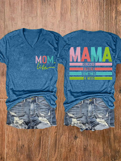 Vrouwen Mama Gestrest Gezegend Soms Een Mess Moederdag Gift Casual V-hals Tee