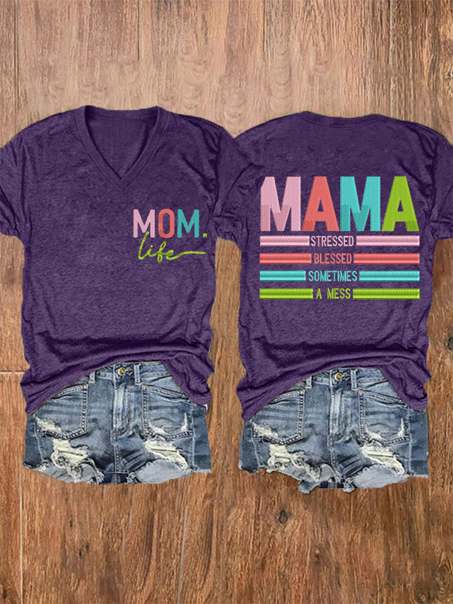 Vrouwen Mama Gestrest Gezegend Soms Een Mess Moederdag Gift Casual V-hals Tee