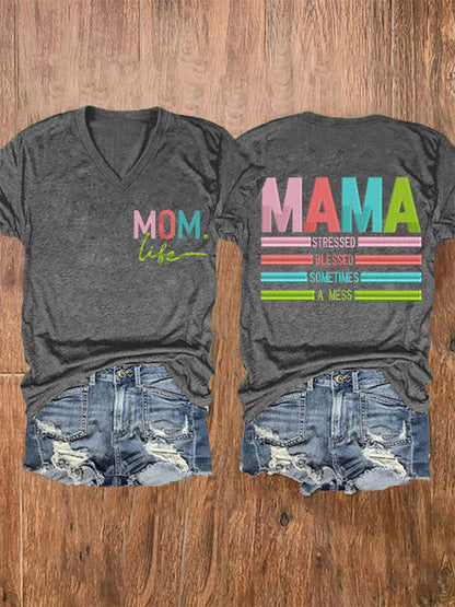 Vrouwen Mama Gestrest Gezegend Soms Een Mess Moederdag Gift Casual V-hals Tee