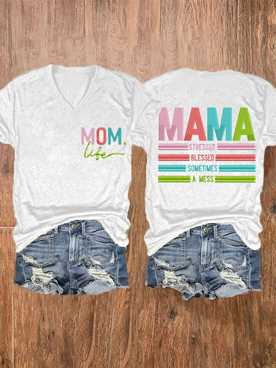 Vrouwen Mama Gestrest Gezegend Soms Een Mess Moederdag Gift Casual V-hals Tee