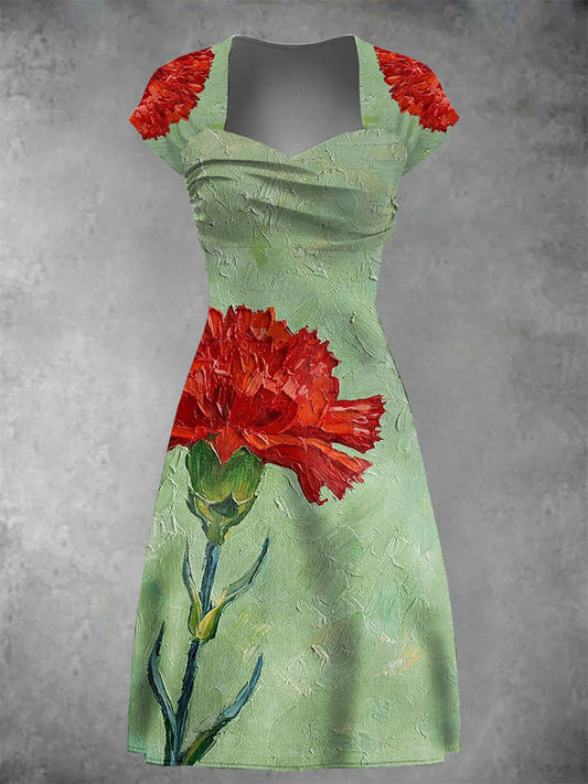 Dames Moederdag rode jurk met anjerprint