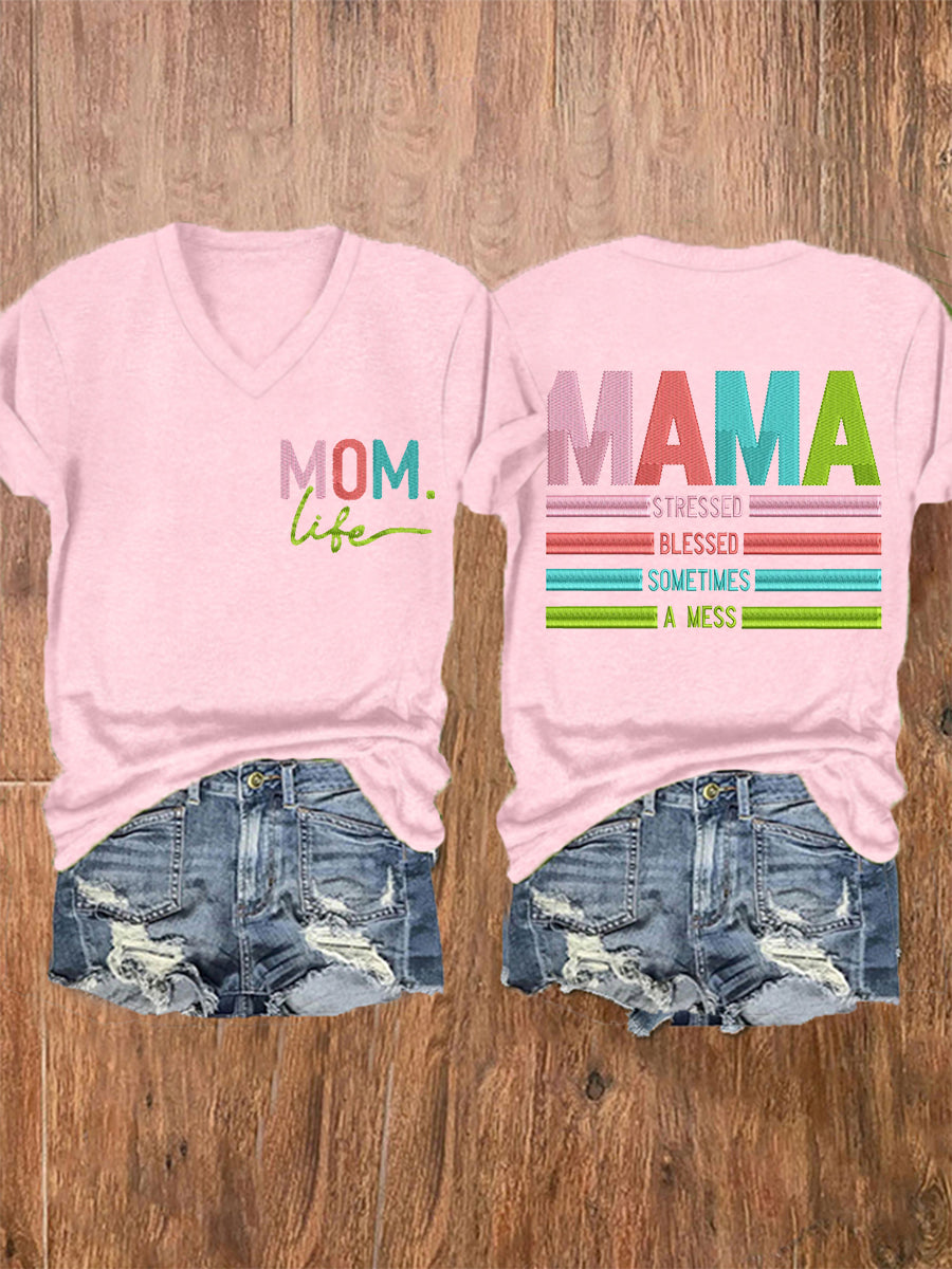 Vrouwen Mama Gestrest Gezegend Soms Een Mess Moederdag Gift Casual V-hals Tee