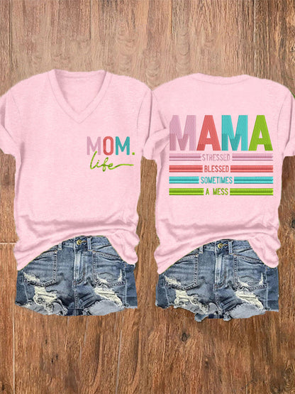 Vrouwen Mama Gestrest Gezegend Soms Een Mess Moederdag Gift Casual V-hals Tee