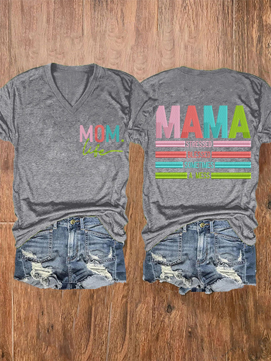 Vrouwen Mama Gestrest Gezegend Soms Een Mess Moederdag Gift Casual V-hals Tee