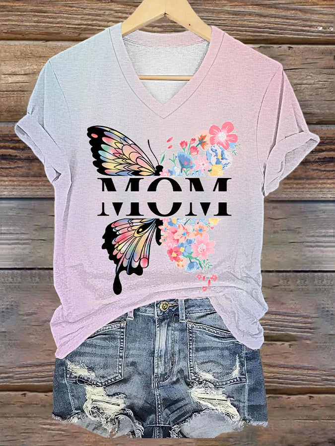 Vrouwen Moederdag Vlinder Moeder Bloem Moeder Gedrukte V-hals T-shirt met korte mouwen