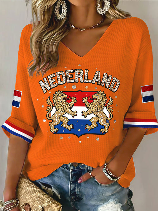 Dames Retro Koningsdag Leeuwenprint Casual Waffle-Weave V-hals top