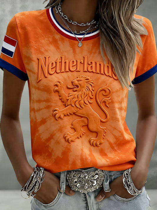 Dames Nederlandse Koningsdag Herdenking Kunst Print Patchwork T-shirt