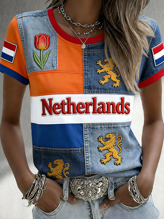 Dames T-shirt met patchwork en kunstprint ter herinnering aan Koningsdag in Nederland