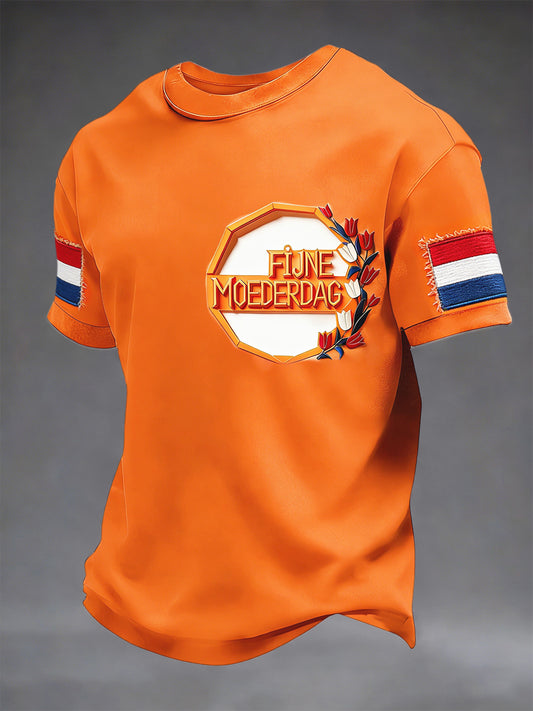 Nederlandse Moederdag 3D-print oranje casual T-shirt voor heren