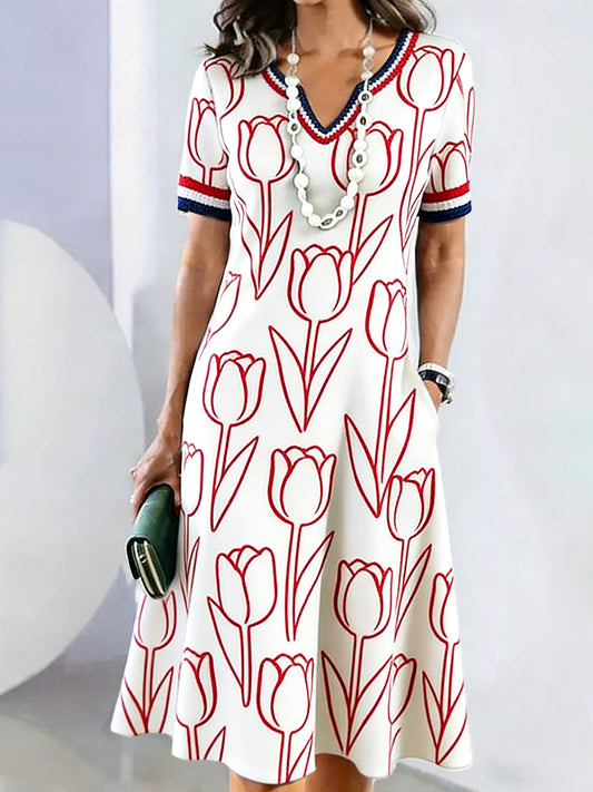 Dames Witte Nederlandse Moederdag Geschenk Tulpenprint Casual V-hals jurk