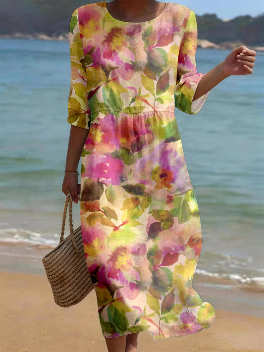 Elegante jurk met linnen blend voor dames met bloemenpatroon