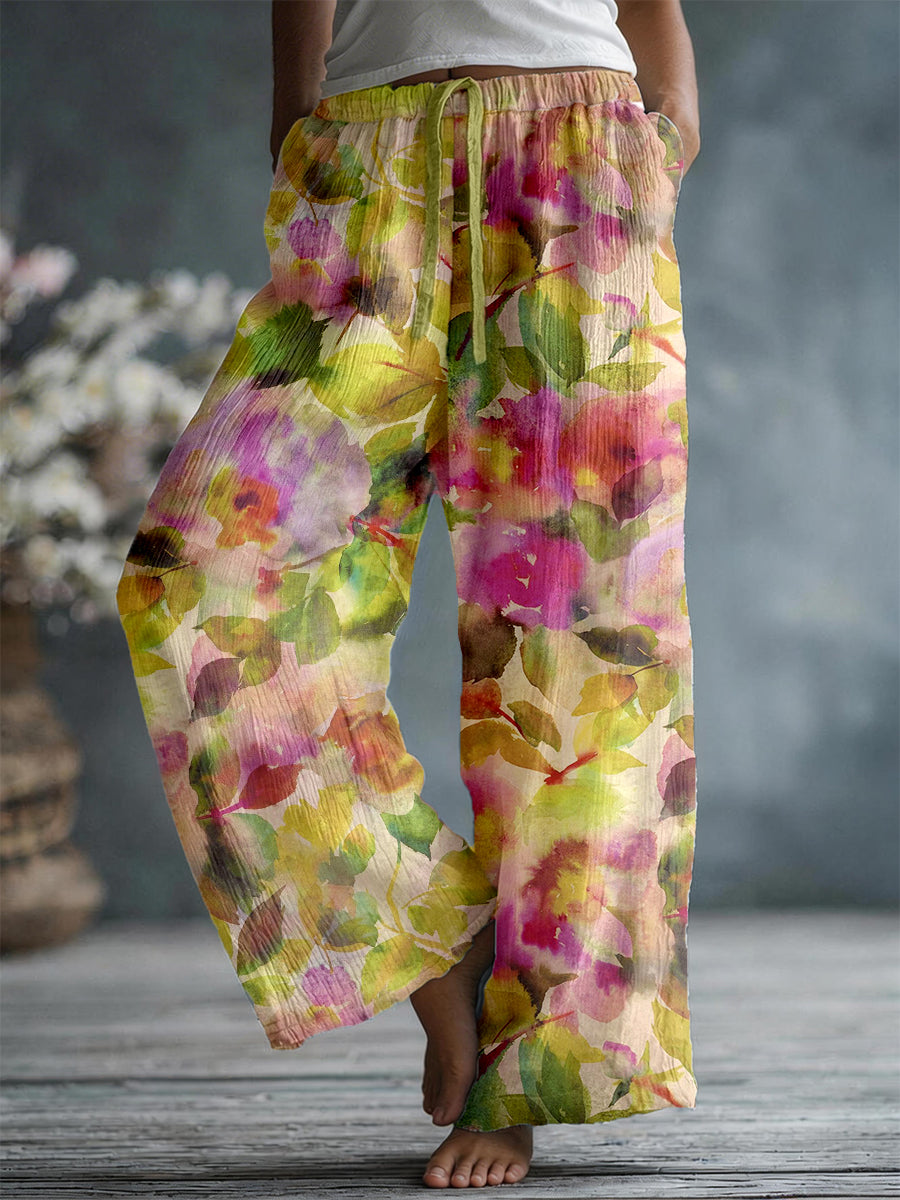 Dames elegante linnen blend broek met bloemenpatroon