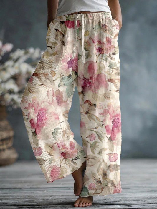 Dames elegante linnen blend broek met bloemenpatroon