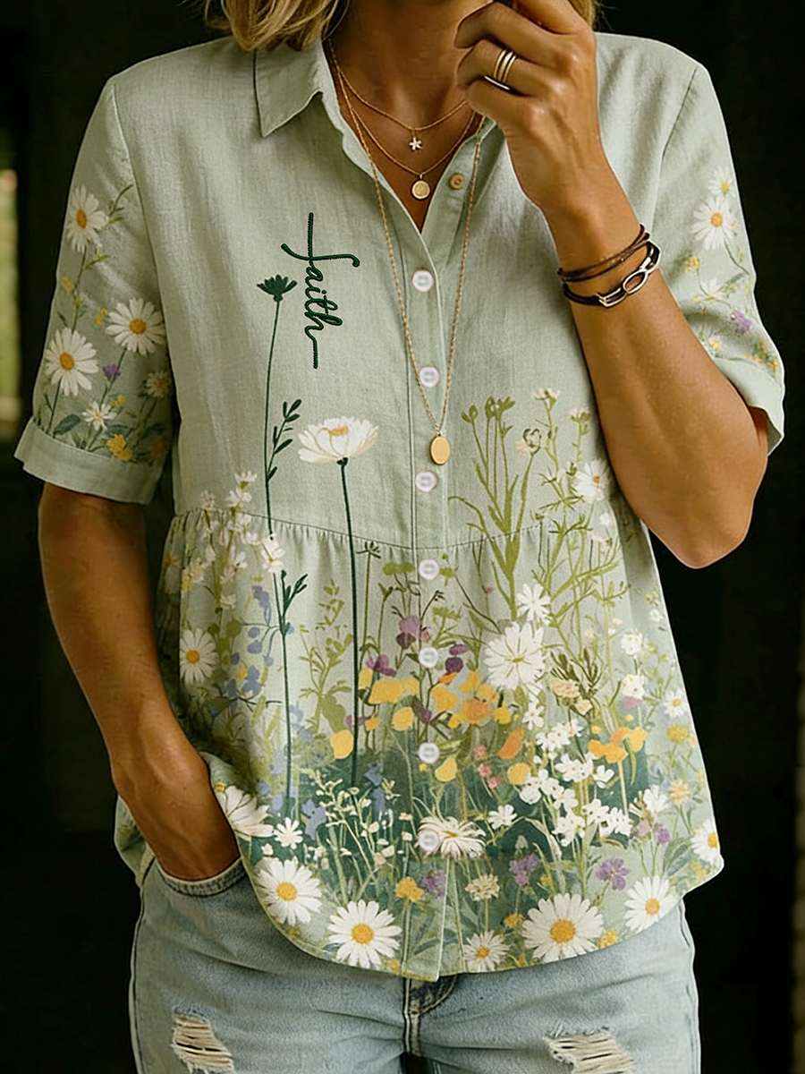 Damesoverhemd met bloemenmotief en korte mouwen, gemaakt van katoen en linnen