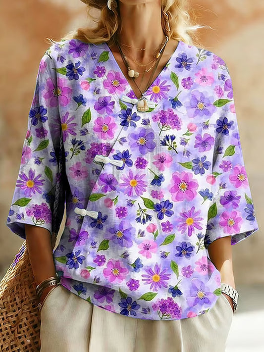 Damesplanten en bloemen linnen blend shirt