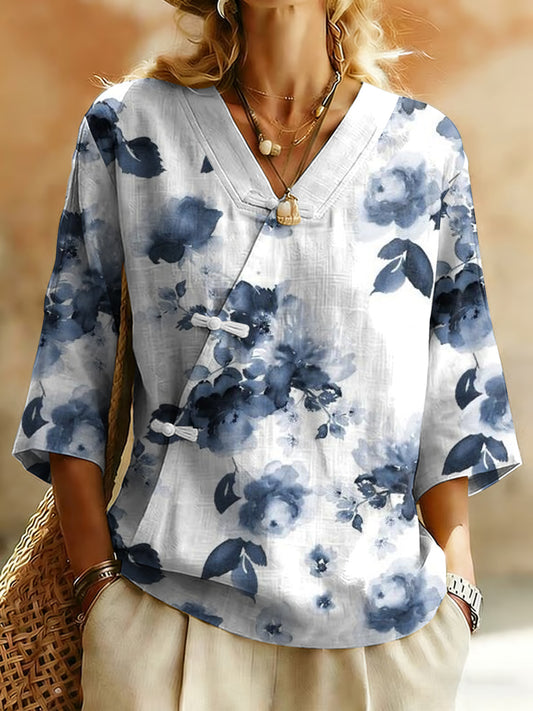 Damesoverhemd van linnenmix met planten- en bloemenmotief