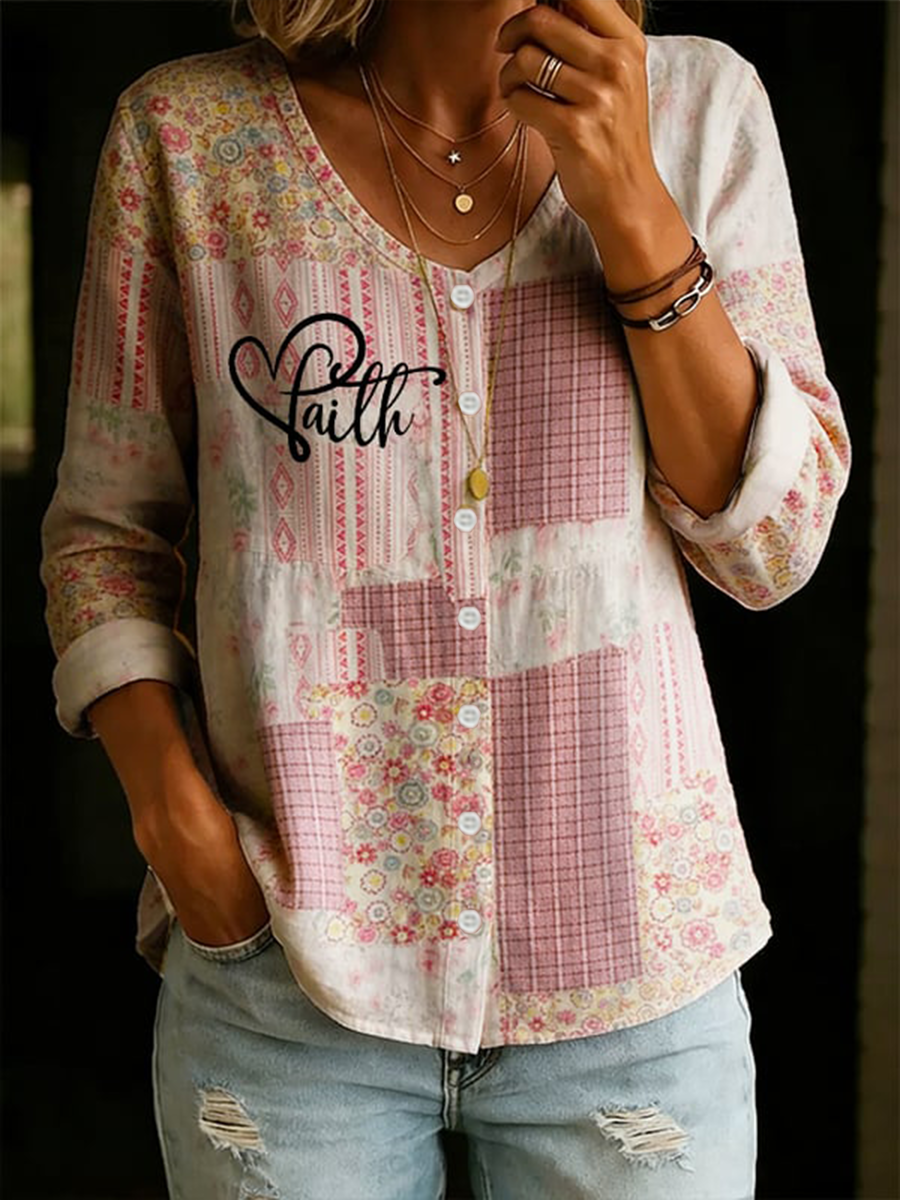 Dames Faith Floral Katoen-linnen V-hals knoop-up shirt