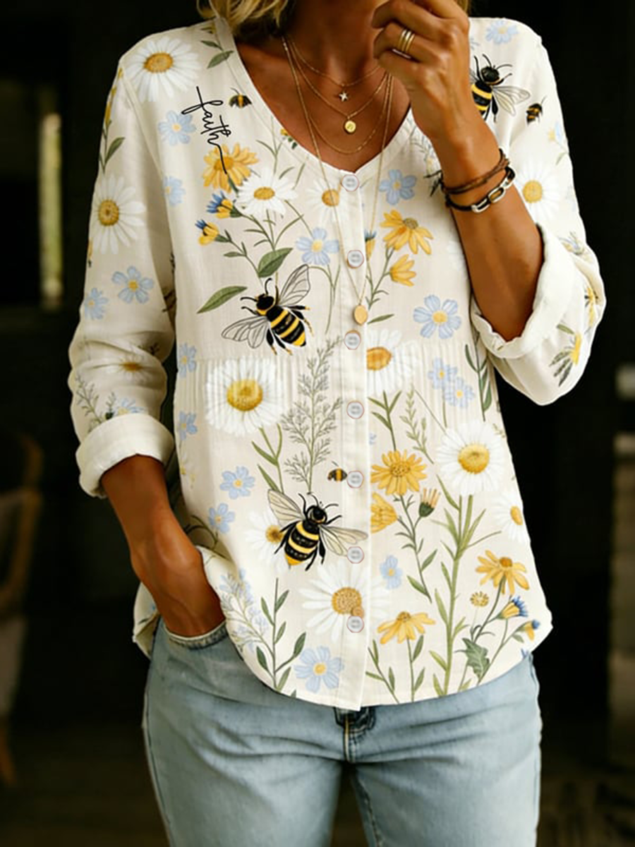 Dames Faith Floral Katoen-linnen V-hals knoop-up shirt