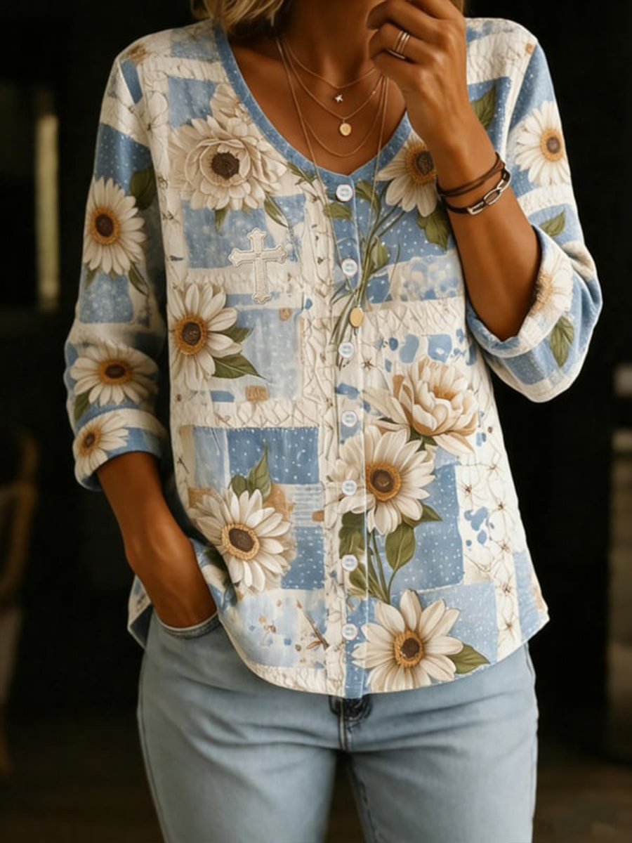 Dames kruis gebloemd katoen-linnen V-hals knoop-up shirt