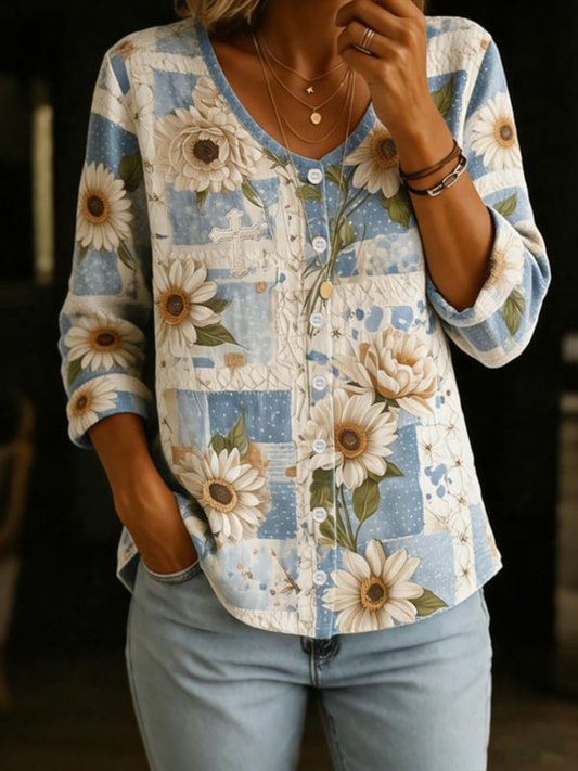 Dames kruis gebloemd katoen-linnen V-hals knoop-up shirt