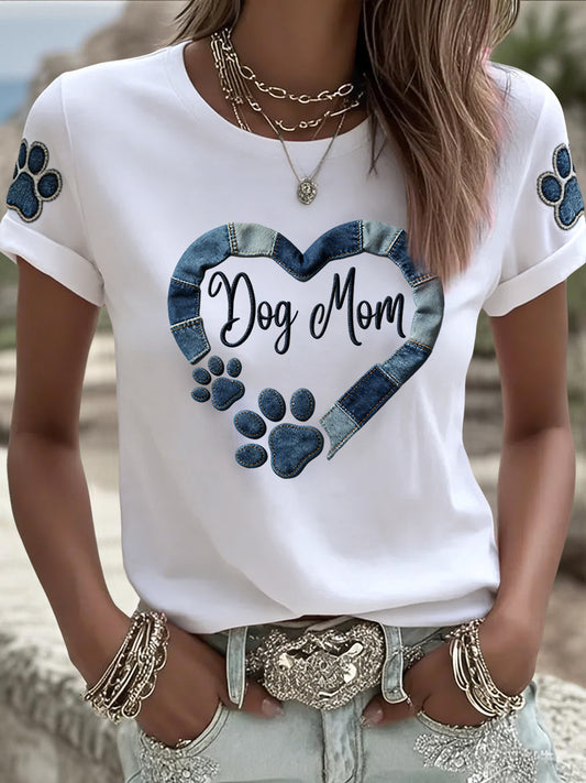 Retro Moederdag "Hond Mom" Hartprint Casual T-shirt