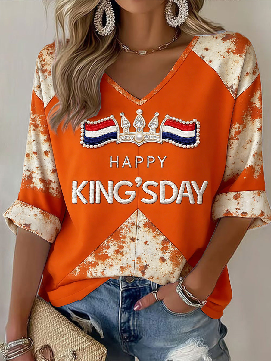 Dames Koningsdag retro patchworkprint casual T-shirt met V-hals