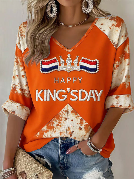 Dames Koningsdag retro patchworkprint casual T-shirt met V-hals