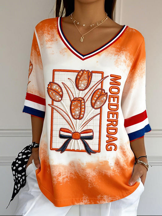 Dames Nederlandse Vlag Tulpenprint Moederdag cadeau Mode V-hals T-shirt
