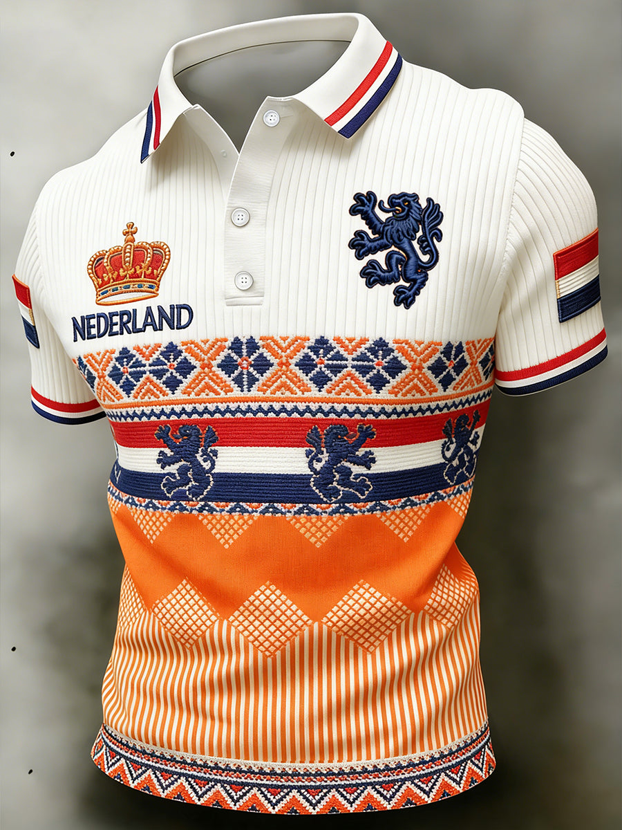 Casual gebreid poloshirt voor heren met etnische print met Koninginnedag-thema