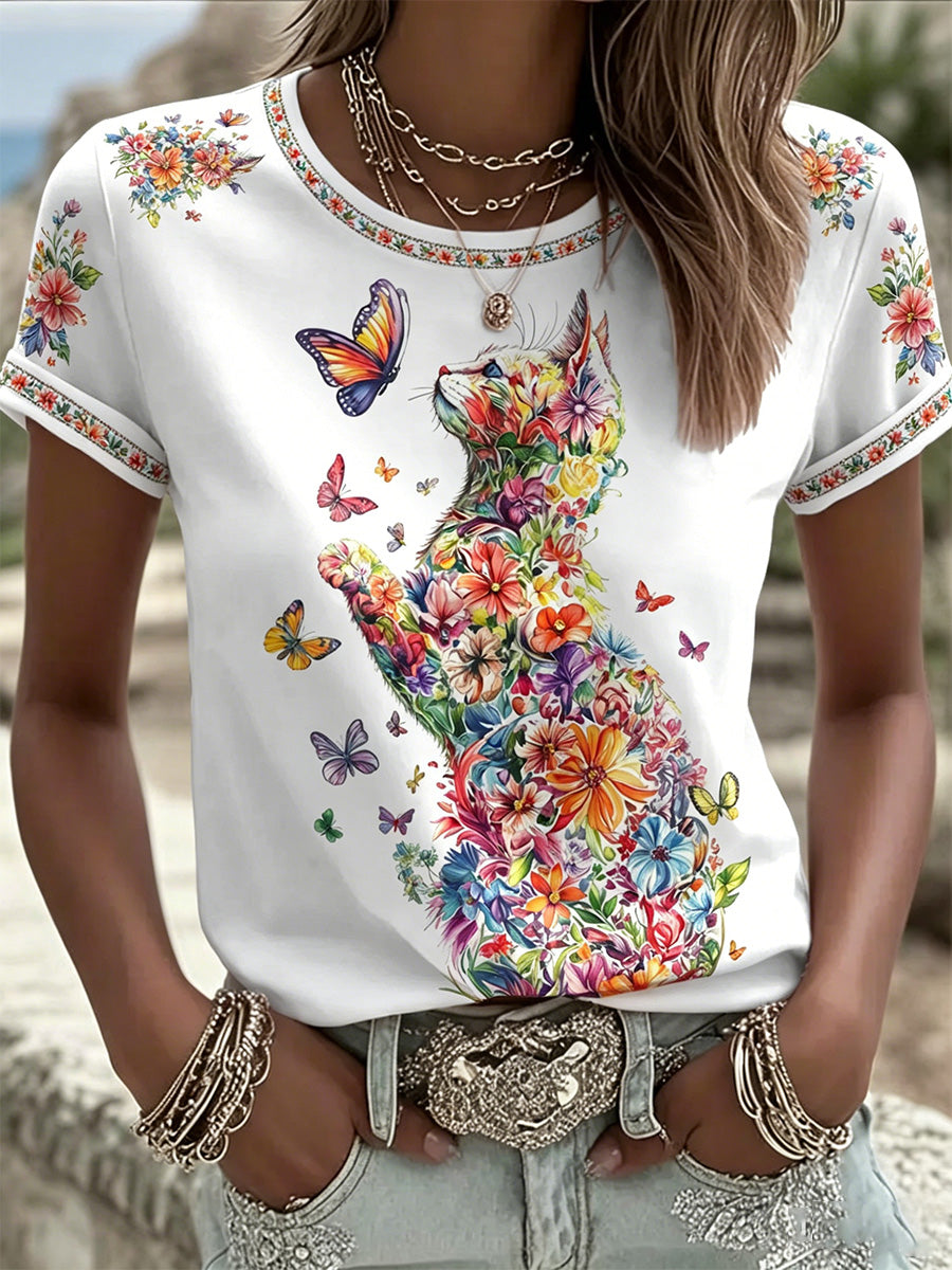 Damescasual T-shirt met bloemen- en kattenprint