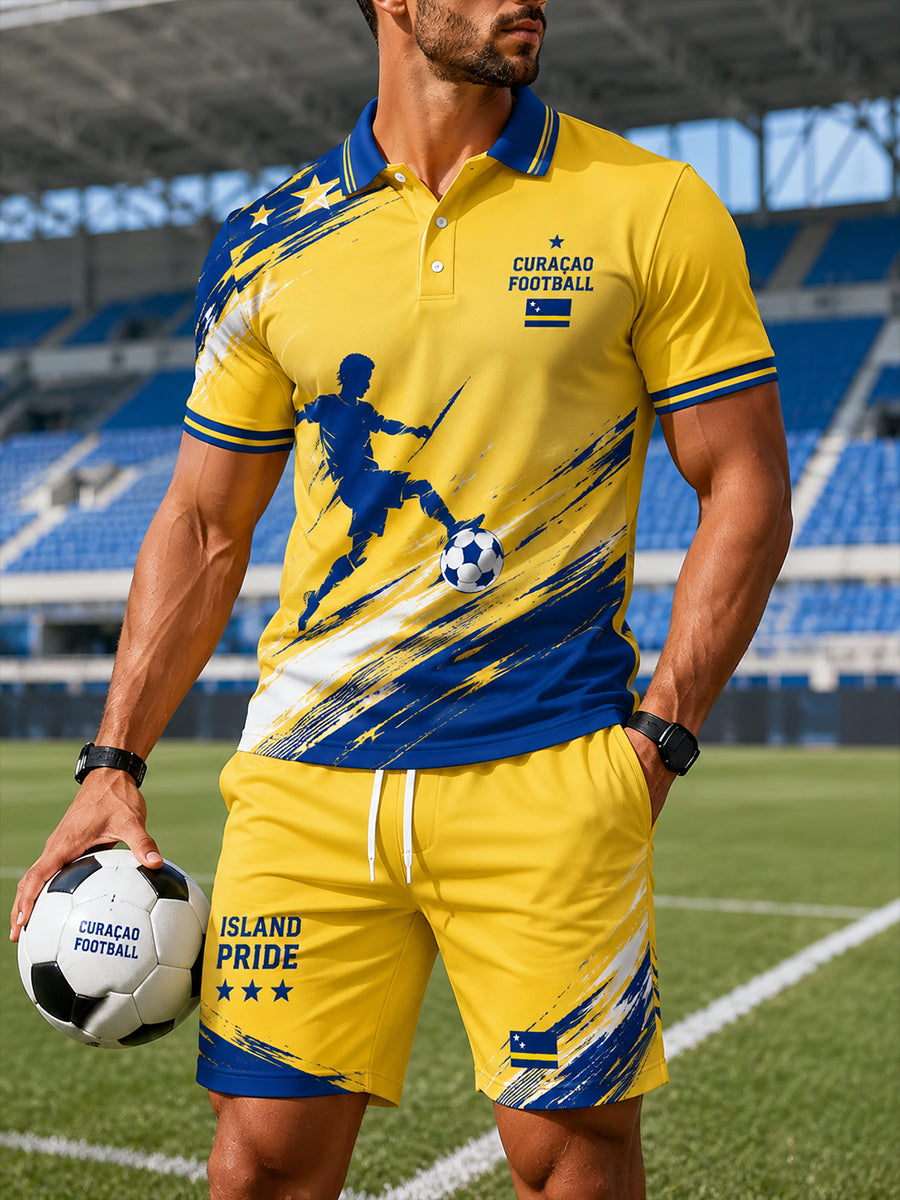 Herenpoloshirtenset in eilandstijl met voetbalthema en korte mouwen