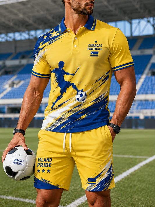 Herenpoloshirtenset in eilandstijl met voetbalthema en korte mouwen